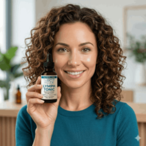 verified female customer sharing her personal experience using Lymph Tonic liquid supplement for daily wellness support